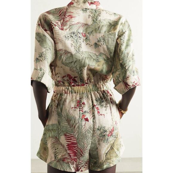 ZIMMERMANN Cassia Jungle Print Drawstring Linen Playsuit Button Romper AU 1 US 6 - Picture 2 of 16